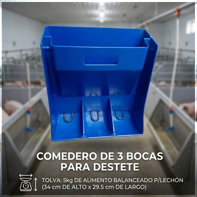 Comedero de 3 bocas para destete, tolva de 5k de alimento balanceado para lechón (34 cm de alto y 29.5 de largo)
